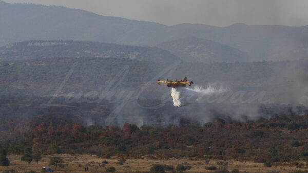 Canadair CL 415 fire bomber releasing its load of water on a fire in the scrubland, Occitania, southern France