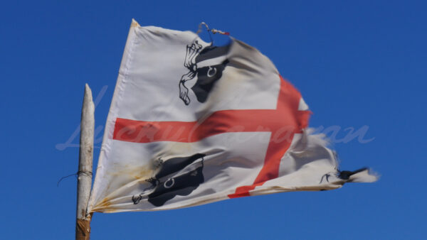 Torn Sardinian flag blowing in the wind.