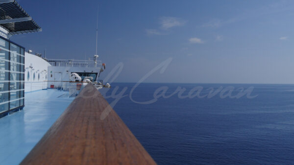 Upper bridge of a ferry in the Mediterranean Sea on a calm and sunny day