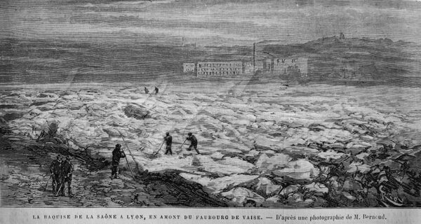 The ice pack on the Saône in Lyon, above the faubourg de Vaise. Winter of 1880.