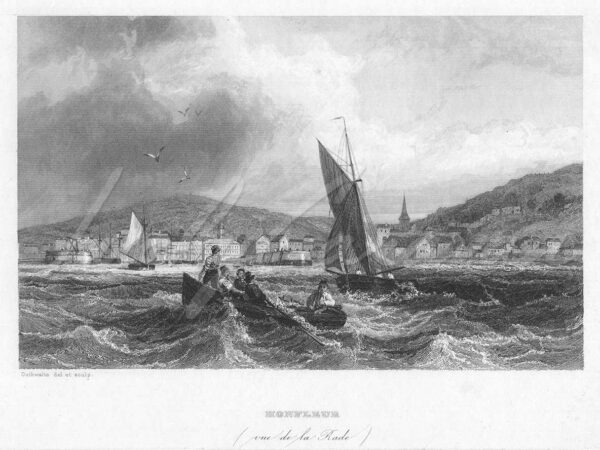 Honfleur harbor drawn and engraved by Outhwaite, France, 19th century.