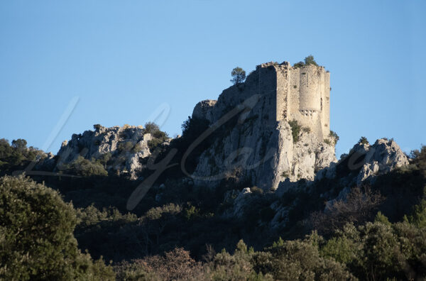 Ruins of the castle of Viviourès (also known as Château de la Roquette) on its rocky outcrop, Le Rouet, Occitanie, France