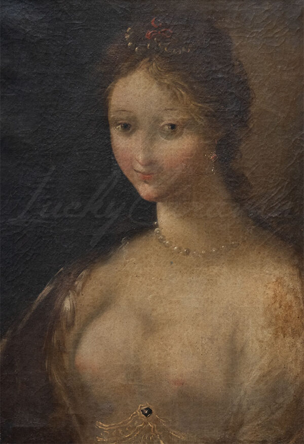 Portrait of a young girl in the rococo style. High resolution scan of an oil on canvas.