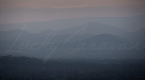 Mountain landscape in foggy weather.