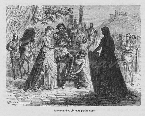 Armament of a knight by the ladies. Illustrator Emile Bayard, Engraver Abel Pann
