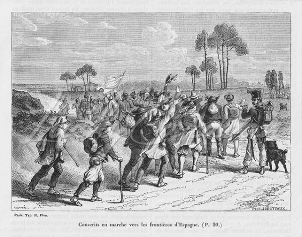 French conscripts marching towards the Spanish borders. Drawing by Philippoteaux.
