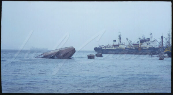 Sunken ship in Murmansk harbour on the Barents Sea, Arctic Circle, Russia, 1997