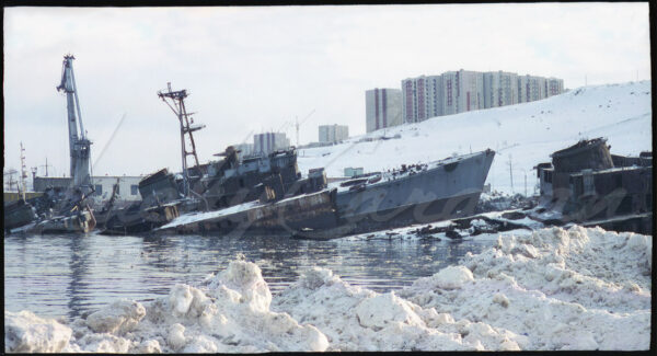 Abandoned ships in Murmansk harbor on the Barents Sea, Arctic Circle, Russia, 1997