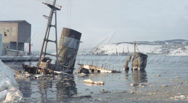 Sunken ship in Murmansk Harbour on the Barents Sea, Arctic Circle, Russia, 1997