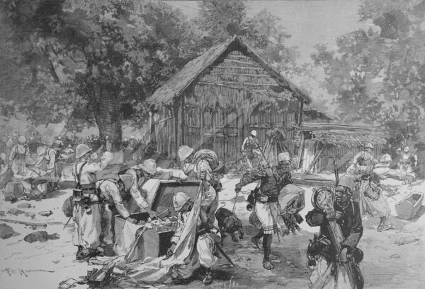 The Madagascar Expedition, 1895 - French troops looting house