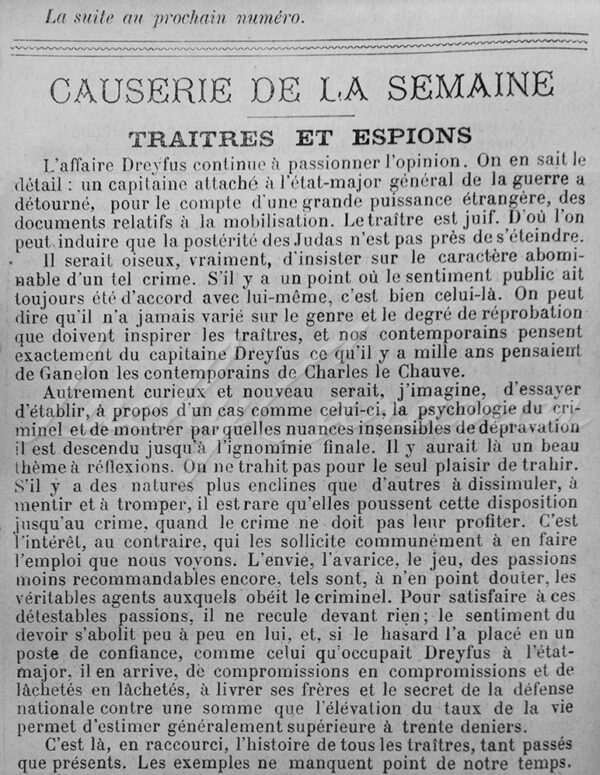 An anti-Dreyfus and anti-Semitic newspaper article, 1895