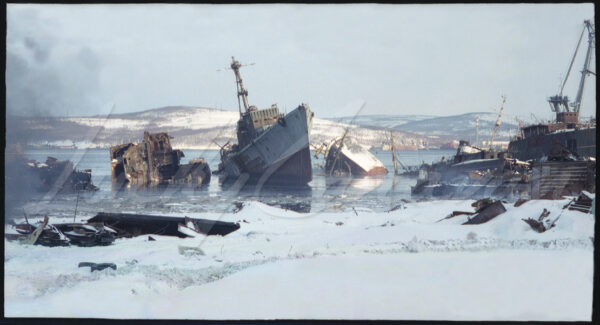 Abandoned ships in Murmansk harbor on the Barents Sea, Arctic Circle, Russia, 1997
