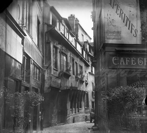 Narrow street in old Rouen, France, circa 1900,