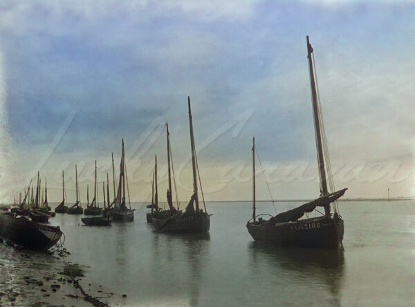 Traditional fishing boats in Somme Bay, France, circa 1900.