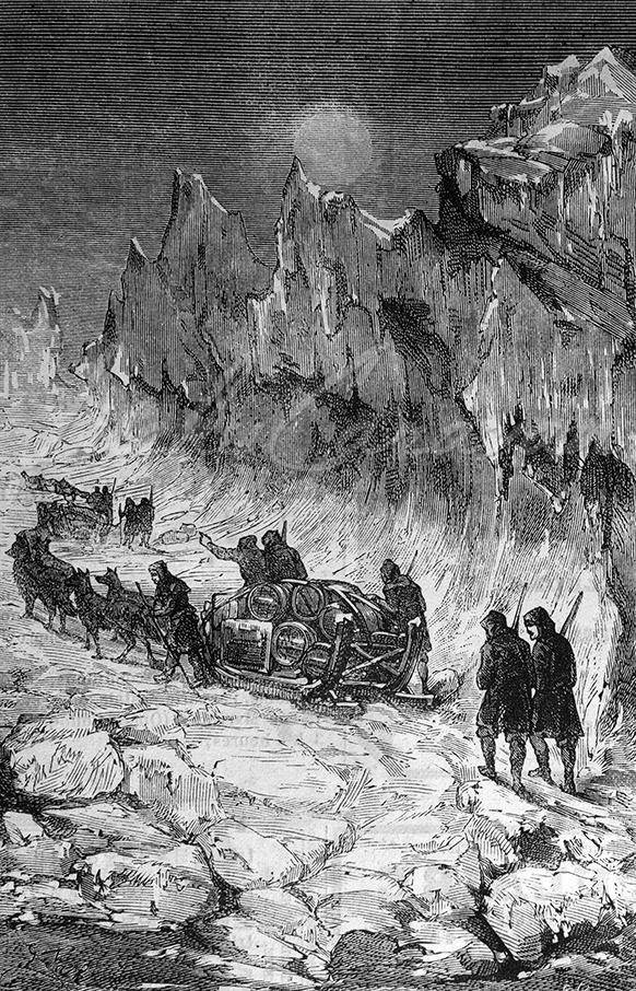 The crew of a ship trapped in ice attempts an escape through the ice floe.