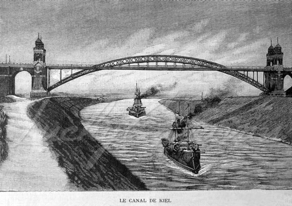The first Kiel Canal and the high bridge of Levensau. Late 19th century