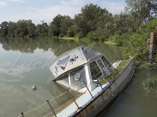 Shipwreck at mooring in a river