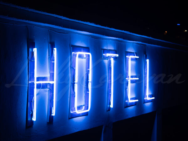 Blue hotel neon sign