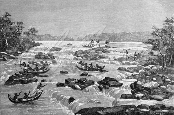 Fishing for coumarous on the Trois Sauts waterfall. French Guiana, circa 1880