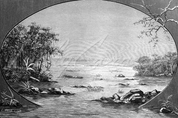 View of the Maroni River from the village of Paramacas. French Guiana, circa 1880.