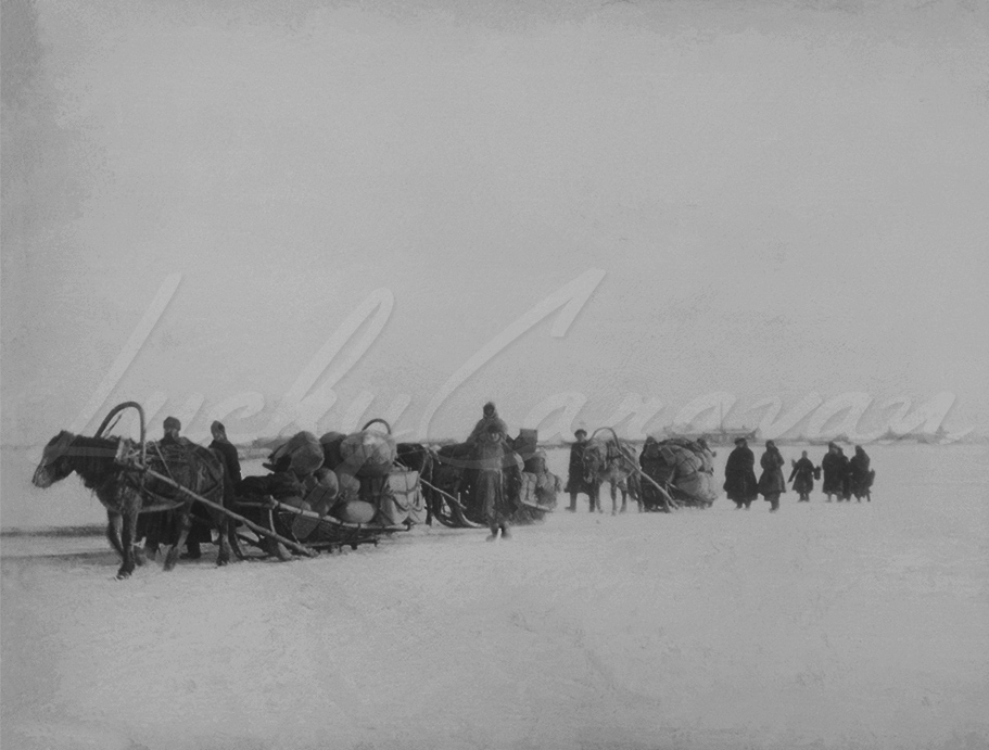 Buryat nomads crossing the frozen Irtysh River in Omsk, Russia, in the early 20th century.