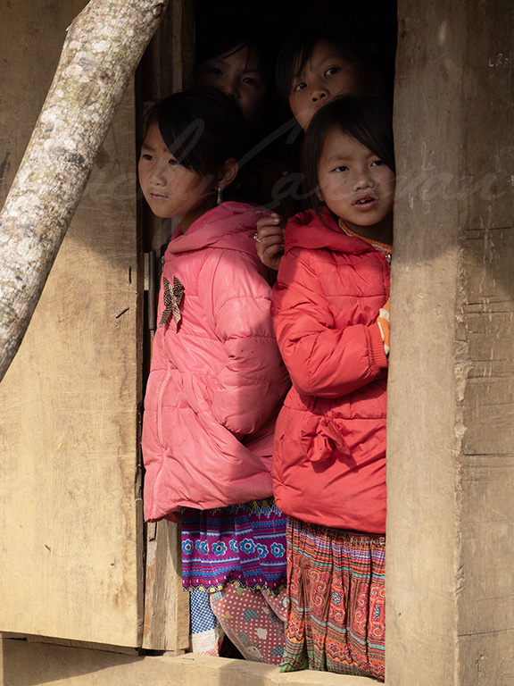 Young schoolgirls peeking out of their classroom in a remote mountain village, Vietnam.
