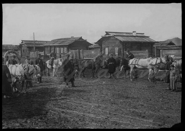 Conveyors in front of a post relay station in Siberia, Russia. Early 20th century.
