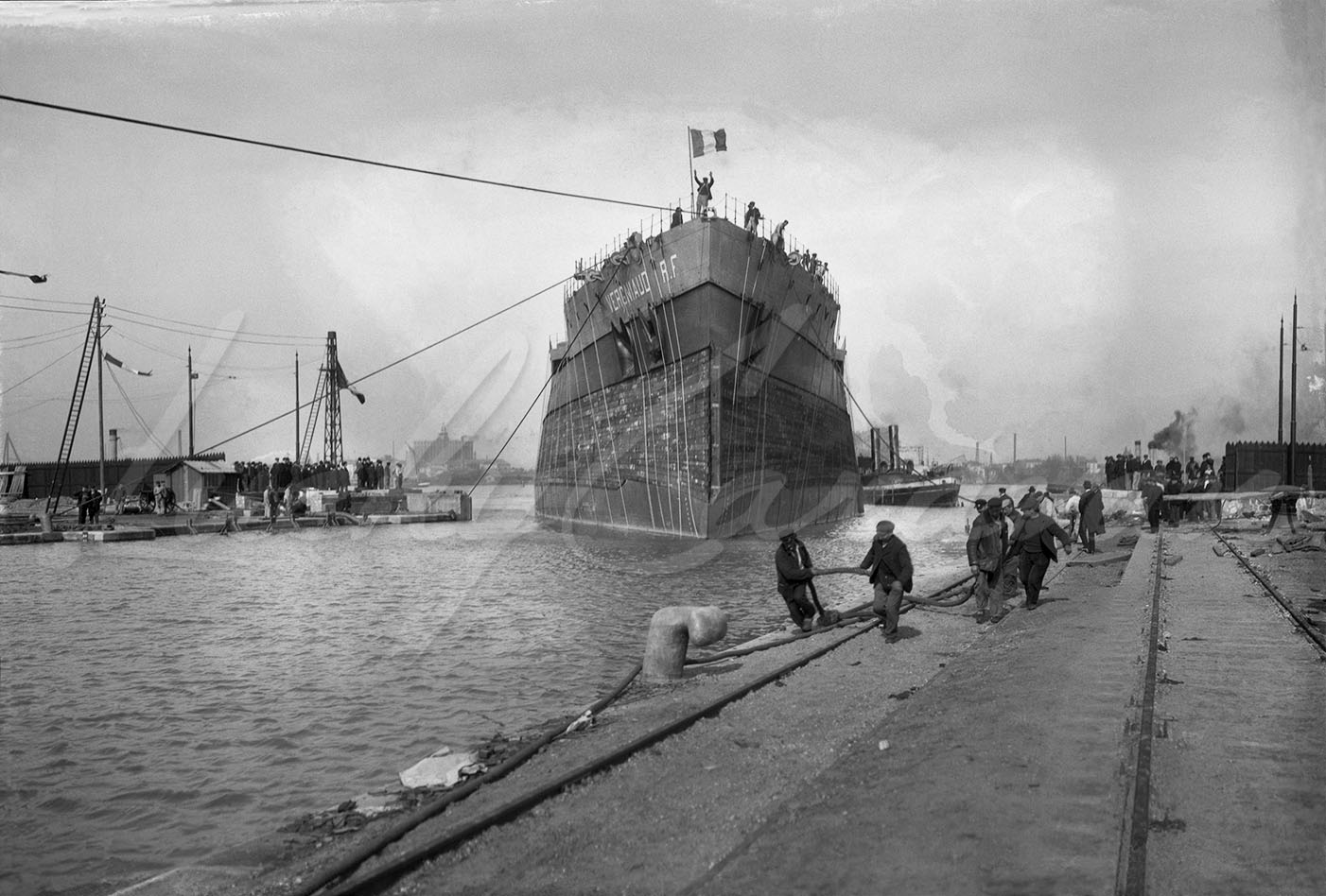 The launch of the Vergniaud, a French Navy battleship of the Danton class, around 1910. Construction began in 1908 and the ship entered active service in September 1911; it was decommissioned in 1921 and scrapped in 1928. The ship was involved in the Black Sea mutinies of 1919.