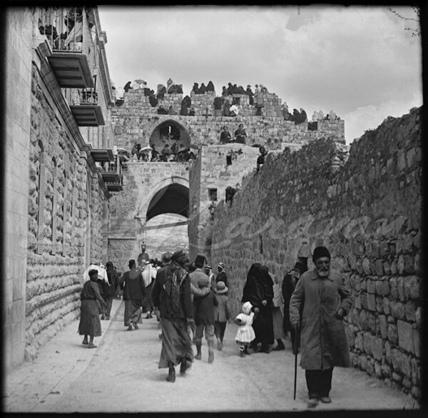 The Lions’ Gate (also known as St Stephen’s Gate) in the Old City of Jerusalem, probably during the festivities of the Mawsim of Nabi Musa, circa 1920. The gate was built in 1539 on the orders of the Ottoman Sultan Suleiman the Magnificent
