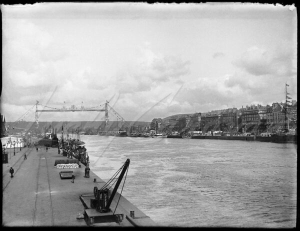 The Rouen transporter bridge decked out for the maritime festivities on 6 August 1905, France.