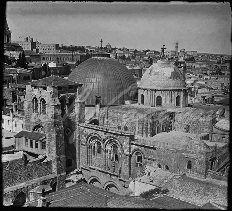 Jerusalem. The domes of the Church of the Holy Sepulchre in the early 20th century. According to Christian tradition, the body of Jesus of Nazareth was laid to rest there on the evening of his death on the Cross.