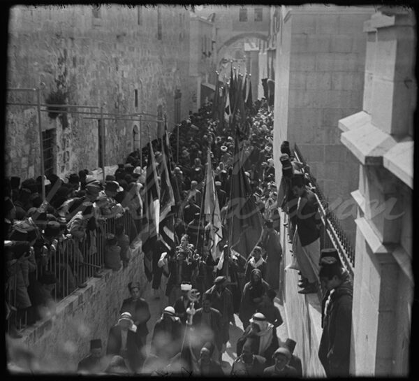 Pilgrimage in Palestine. Celebrations marking the Mawsim of Nabi Musa (Moses) in the streets of Jerusalem in the early 20th century. Today, pilgrims, whether from Jerusalem, Hebron or Nablus, travel directly to Nabi Musa. The Holy City is no longer part of the pilgrimage route.