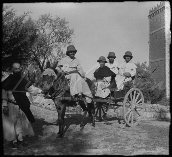 Palestine. White Fathers in a donkey-drawn cart, circa 1920–1930