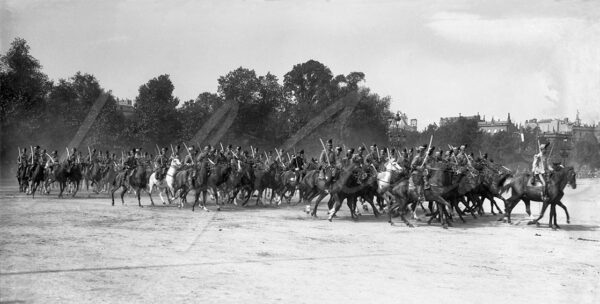 Cavalry manoeuvres by the 18th Army Corps on the Place des Quinconces in Bordeaux, France, early 20th century.