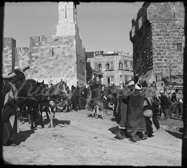 Palestine. Market square at Jaffa Gate in Jerusalem in the early 20th century. In the background is the Grand New Hotel and, partially cut above the city wall on the left, the belfry, which was dismantled by the British upon their arrival as it was deemed too baroque in comparison with the city’s architecture.
