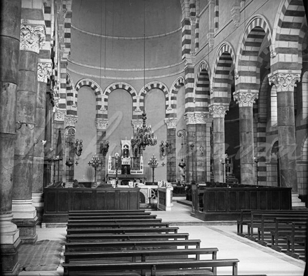 Palestine, circa 1920–30. The Neo-Romanesque interior of the Basilica of St Stephen in Jerusalem, a Catholic church situated outside the walls of Jerusalem’s Old City. It adjoins the Convent of St Stephen, which houses the French Biblical and Archaeological School, and serves as the convent’s church.