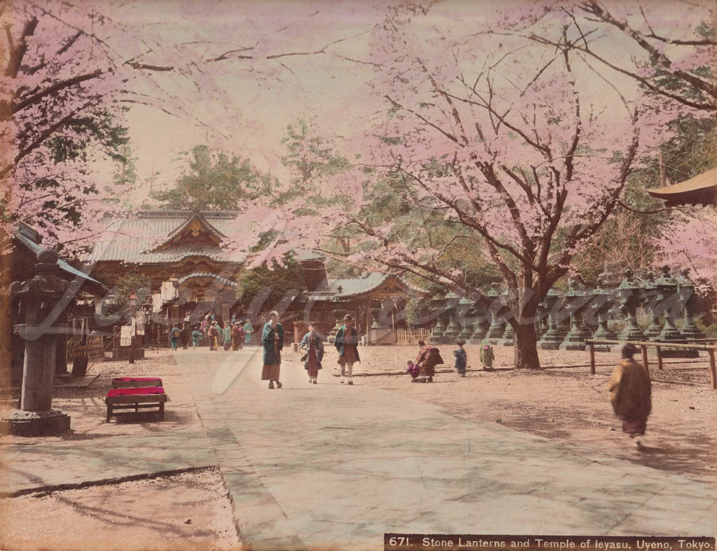 The Ieyasu Shrine and its stone lanterns at the in Ueno, Tokyo, circa 1880–1890, the main place of worship dedicated to Tokugawa Ieyasu, the first shogun of the Edo period.
