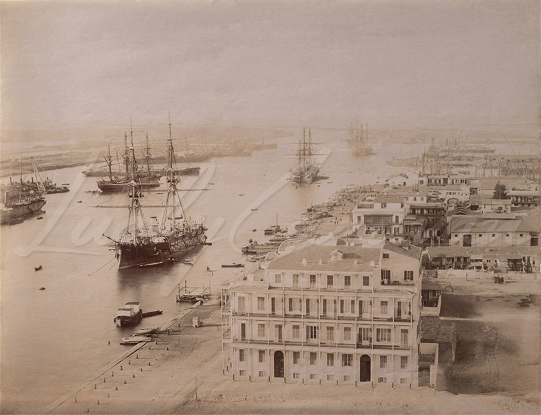 Port Said, Egypt. Ships at the mouth of the Suez Canal, circa 1880. High-resolution scan of an original albumen Zangaki or Hippolyte Arnoux period print.