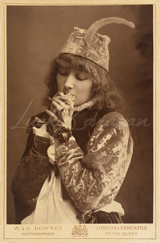 Portrait of the famous French actress Sarah Bernhardt in a troubadour’s costume in "Le Passant", a play by François Copée.