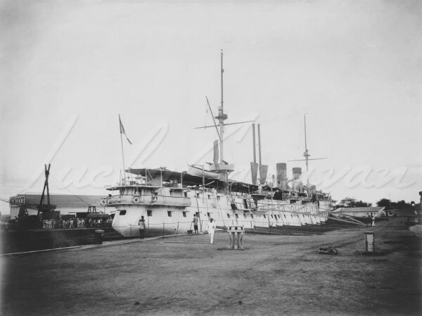 The French protected cruiser Jean Bart moored on the Huangpu River during the Boxer Rebellion in Shanghai, China, 1900.