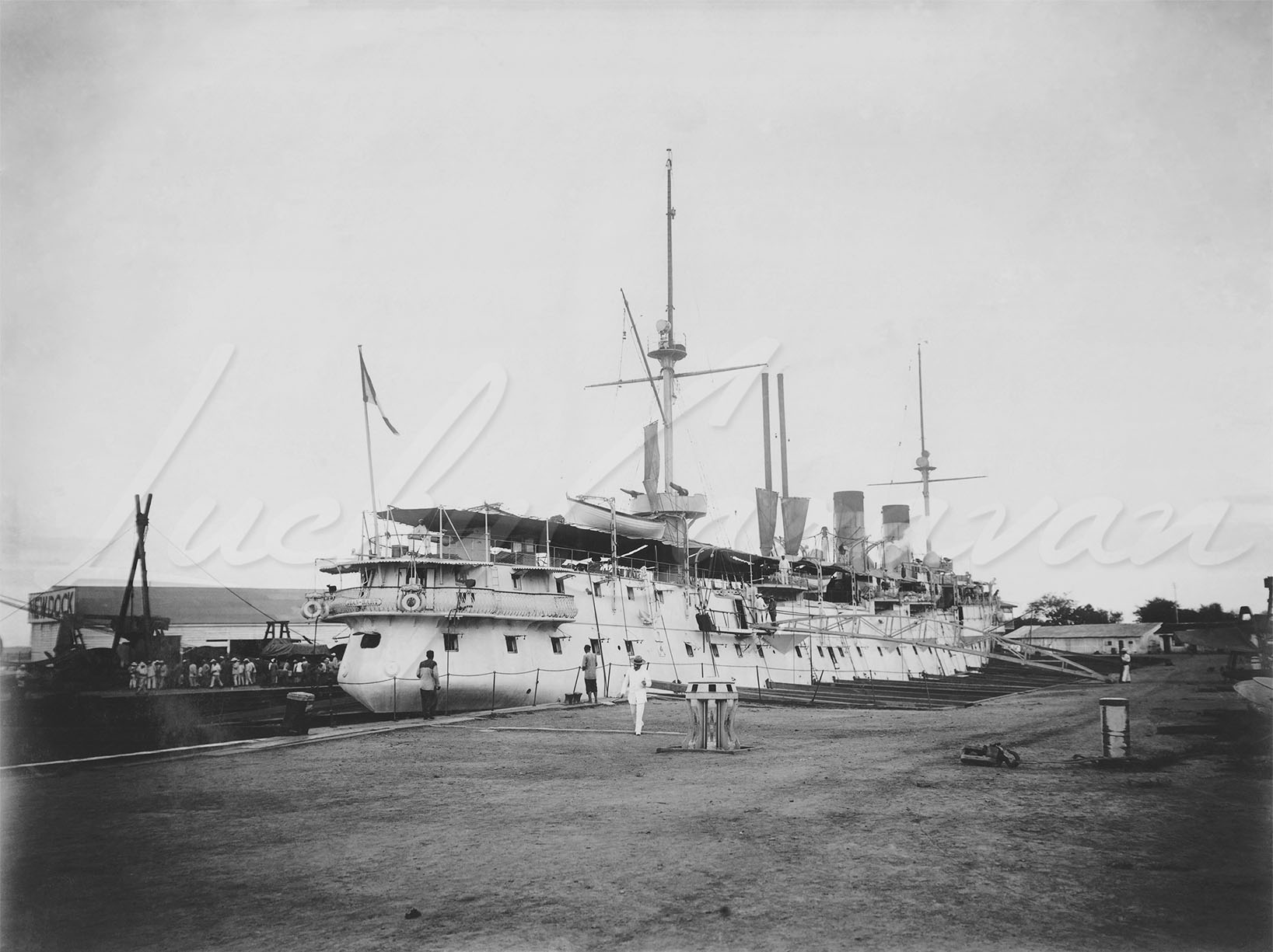 The French protected cruiser Jean Bart moored on the Huangpu River during the Boxer Rebellion in Shanghai, China, 1900.