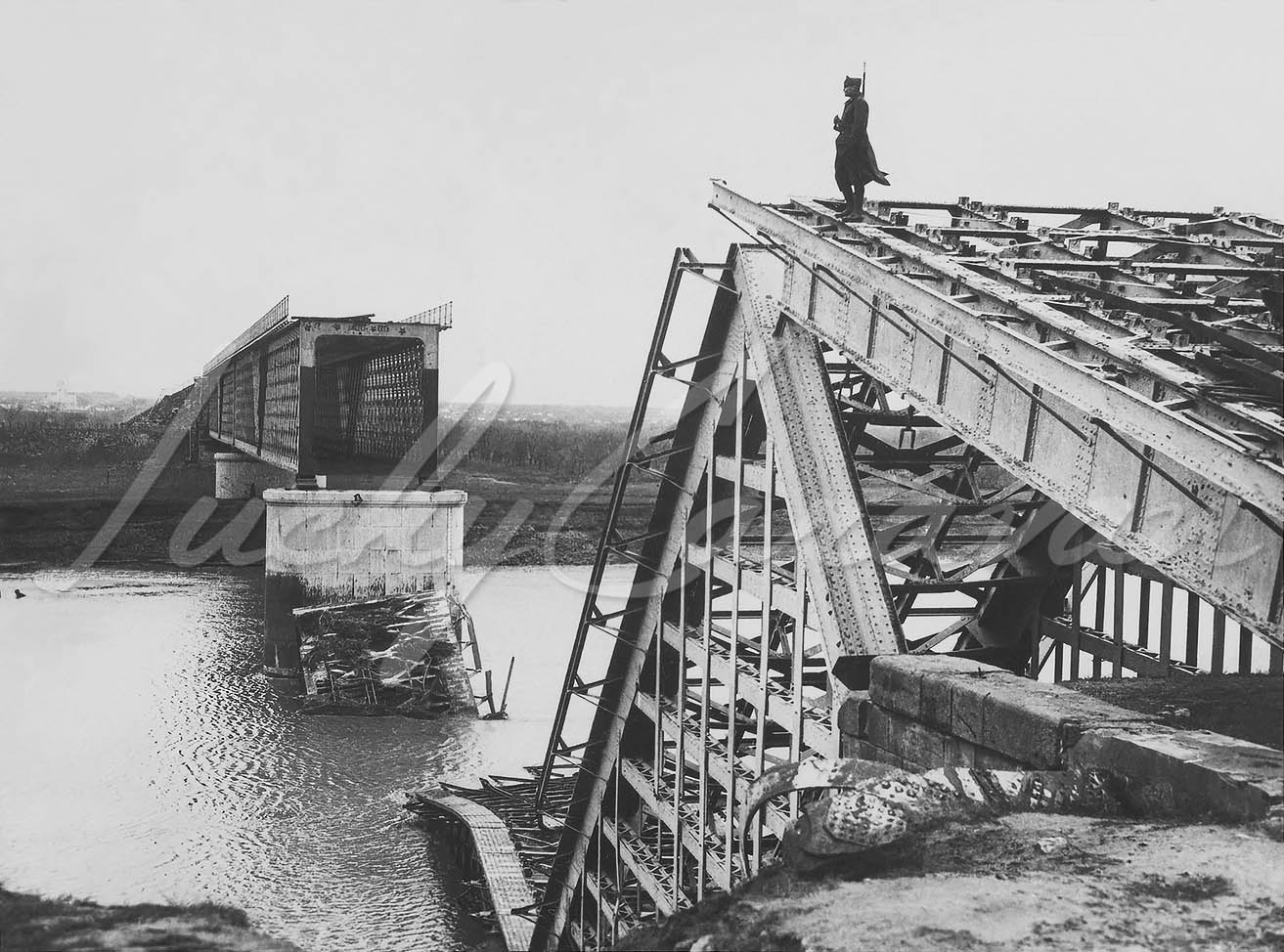 Former railway bridge over the Dniester River in Bender (Romanian name Tighina), now in Moldova-Transnistria at the end of WWI in 1919.
