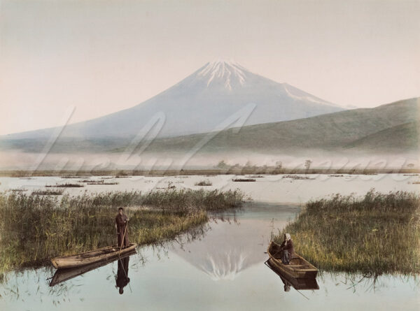 Hand-coloured view of Mount Fuji in Japan, circa 1880.